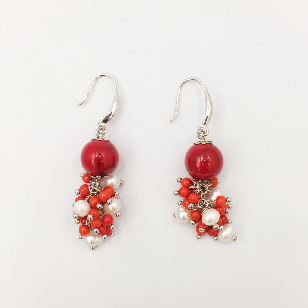 Coral dangling Earrings with cluster seed pearls and corals - Aniya Jewellery