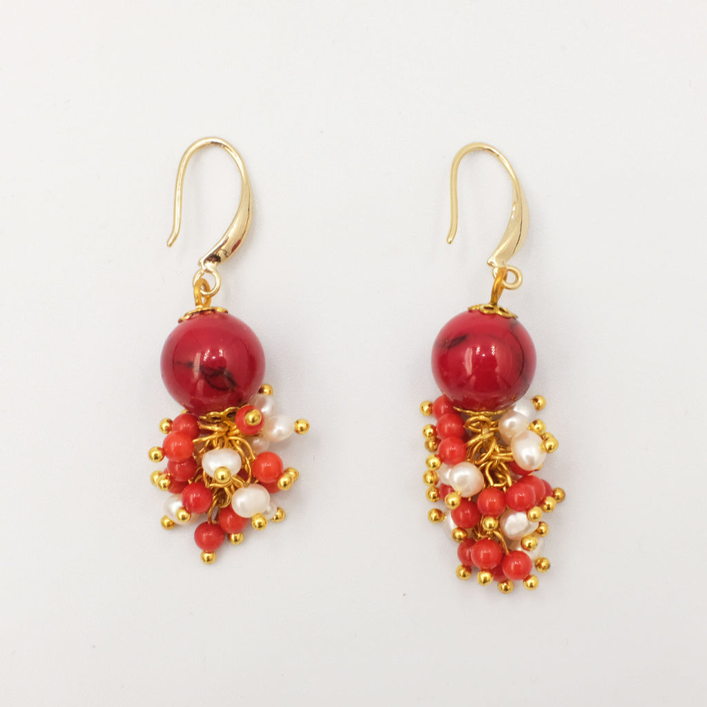 Coral dangling Earrings with cluster seed pearls and corals - Aniya Jewellery