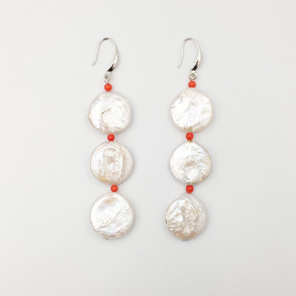 Coin Pearl Earrings with dainty coral Beads - Aniya Jewellery