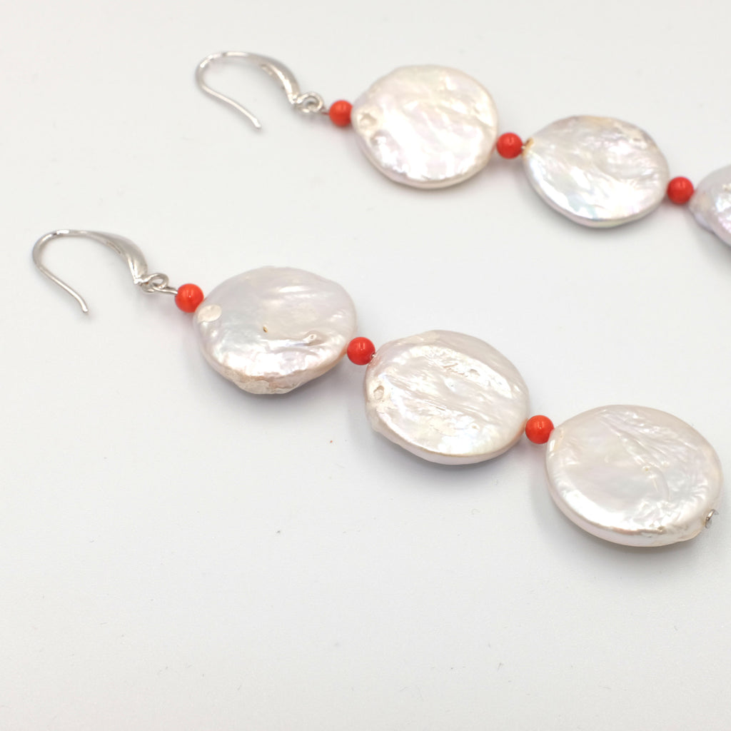 Coin Pearl Earrings with dainty coral Beads - Aniya Jewellery