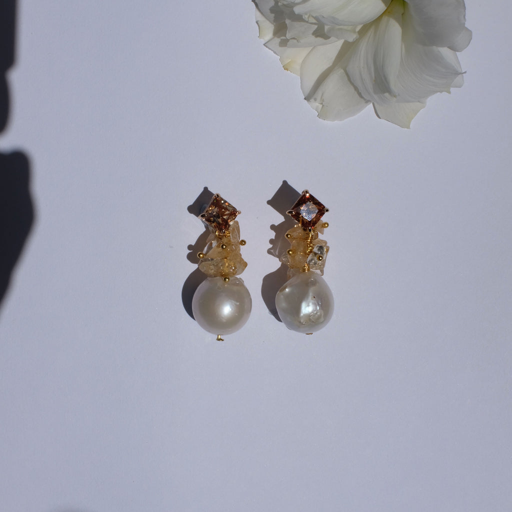 Hesperis, Baroque Pearl with Citrine Earrings