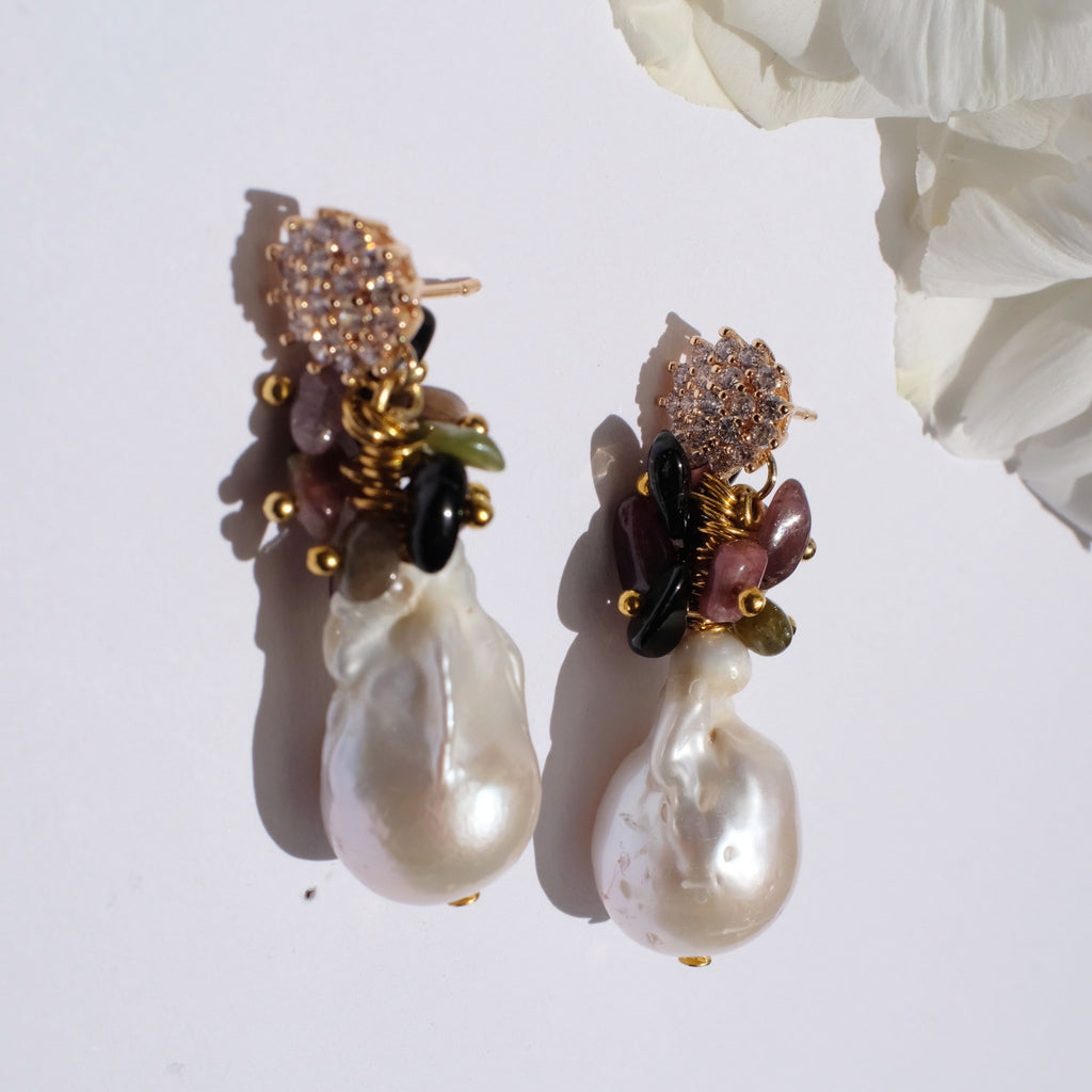 Iris, Tourmaline with Baroque Pearl Earrings